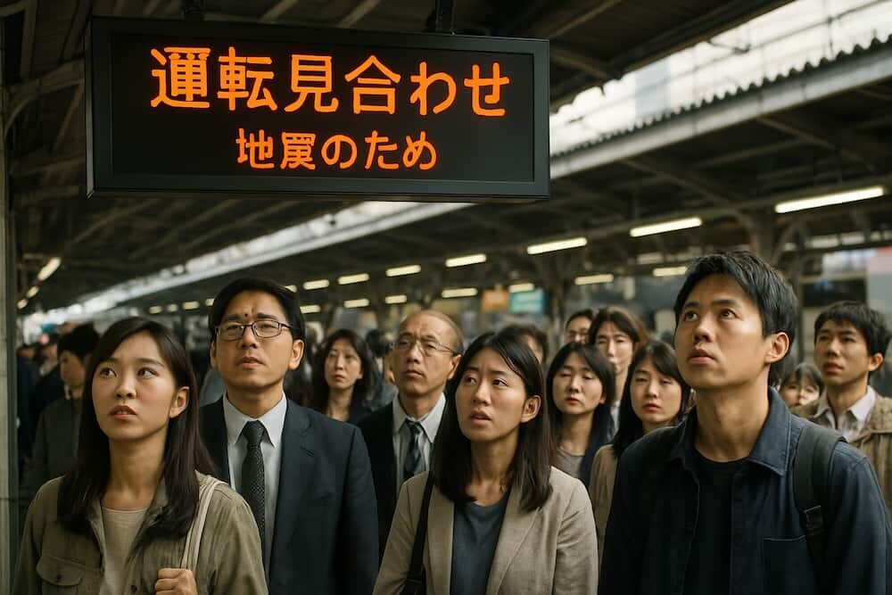 駅のホームで、運転見合わせの表示が出た電光掲示板を多くの人が不安そうに見上げている様子のイラスト