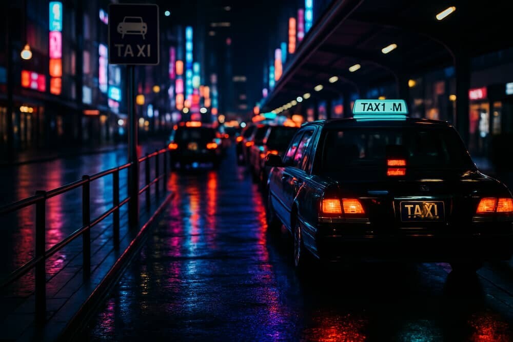 夜のタクシー乗り場と、ネオンの光が反射する路面のイメージ画像