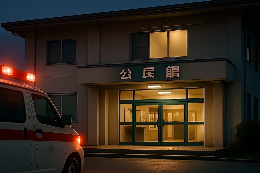夜の公民館外観、緊急車両のライトが映る暗い雰囲気の建物