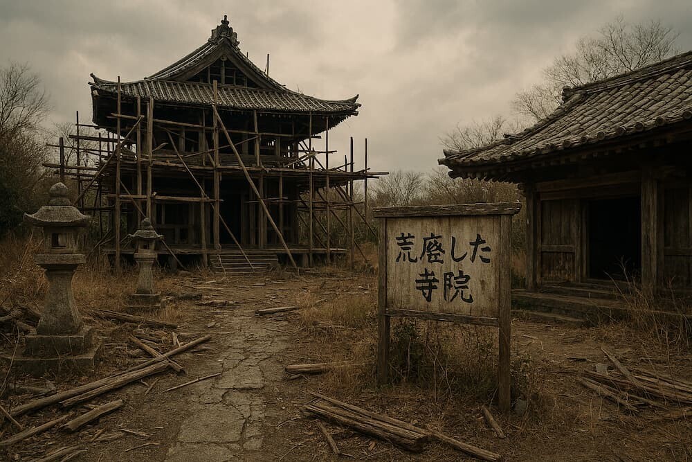 荒れ果てた寺院の境内と建設途中の建物