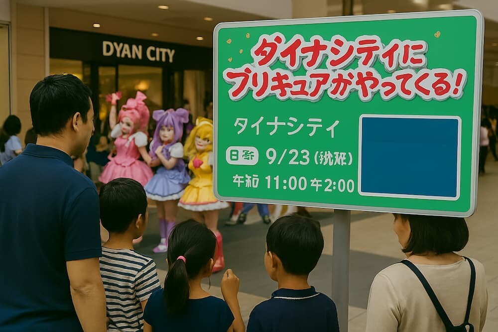 プリキュアイベント会場の様子を生成AIで作成したリアルなイメージ（日本人家族、日本語看板使用）