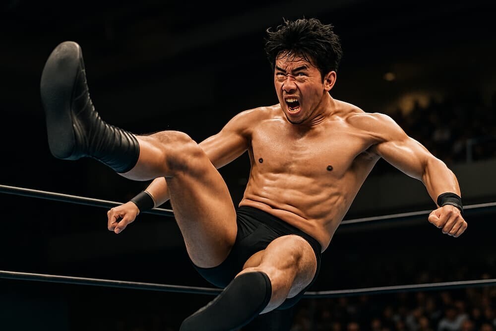 若いプロレスラーがリングで力強いドロップキックを決める瞬間を生成AIで作成したリアルなイメージ