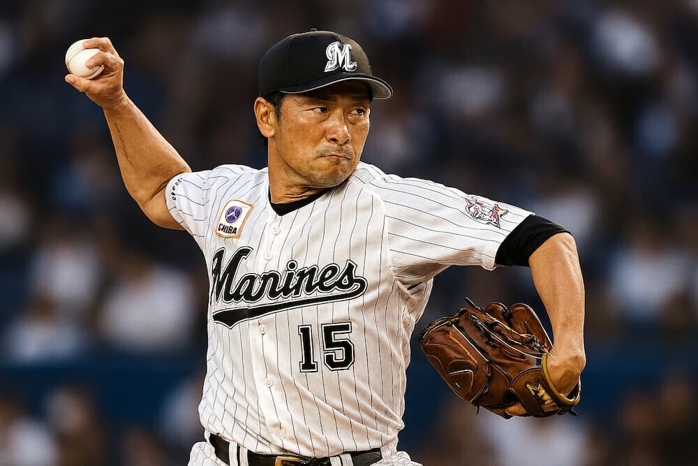  美馬学投手がマウンドで力投している姿を生成AIで作成したリアルなイメージ（日本人、千葉ロッテマリーンズの背番号15のユニフォーム着用、右肘の手術跡が見える設定）