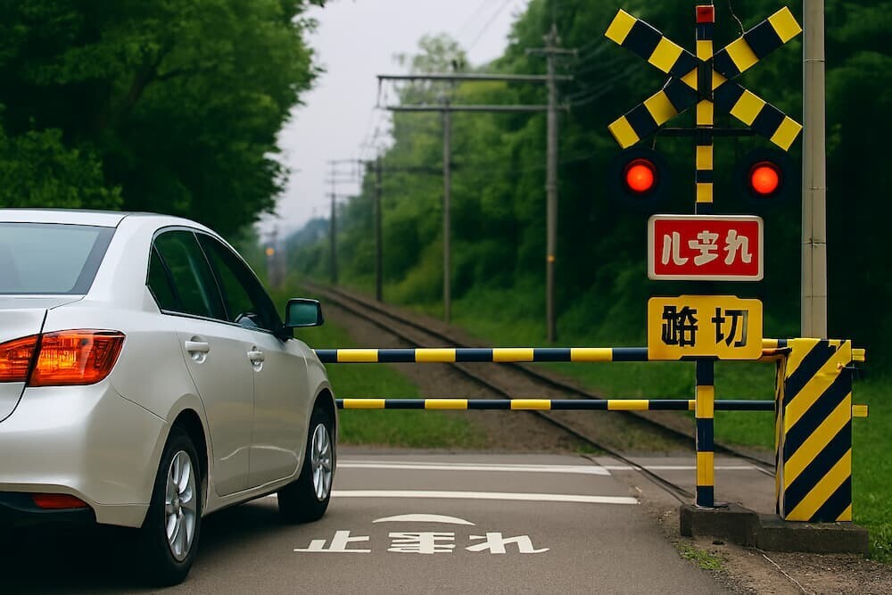 踏切で一時停止する車と遮断機、警報灯が点滅する様子を生成AIで作成したリアルなイメージ