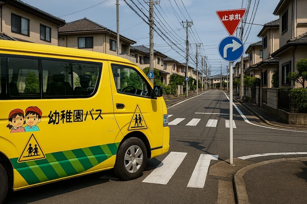 幼稚園バスと住宅街の交差点を生成AIで作成したリアルなイメージ（日本の住宅街、日本語の道路標識使用）
