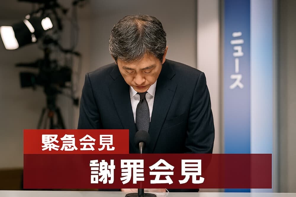 テレビスタジオで謝罪する政治評論家を生成AIで作成したリアルなイメージ（日本人、日本語文字使用