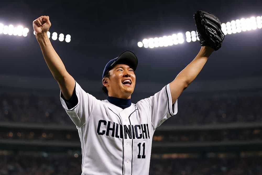 2010年日本シリーズで両手を突き上げる野球選手のイメージ