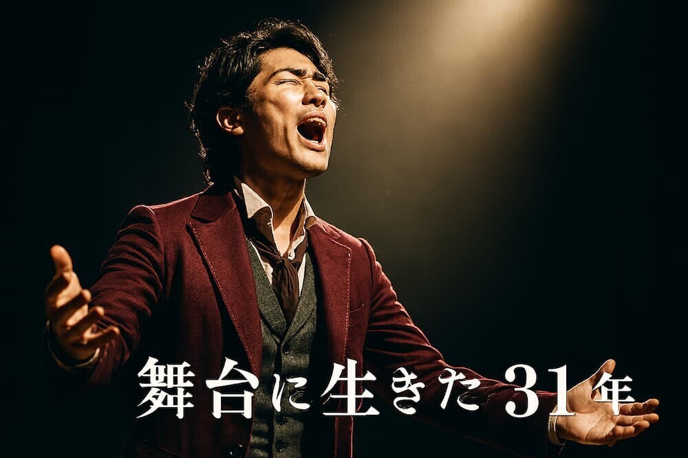 舞台で歌うミュージカル俳優（男性、20代後半〜30代前半、スポットライトを浴びて力強く歌う姿）を生成AIで作成したリアルなイメージ（日本人、「舞台に生きた31年」というテキスト入り）
