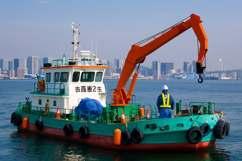  東京の港で作業する作業船のイメージを生成AIで作成したリアルなイメージ（日本人、日本語表記の作業船）