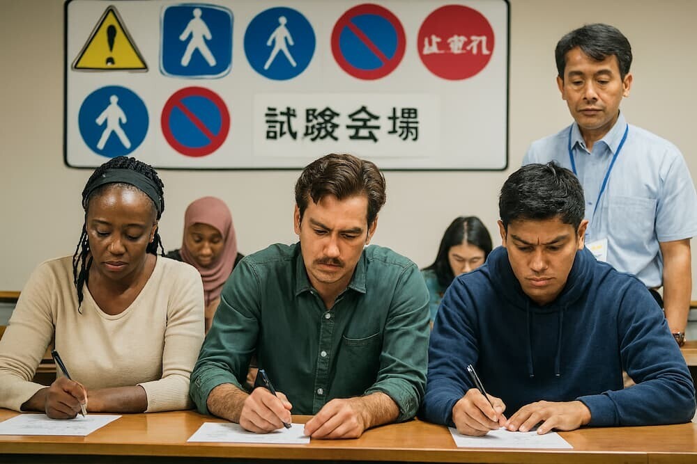 運転免許センターで試験を受ける多国籍の外国人受験者、真剣な表情で問題に取り組む様子、背景に日本の交通標識と日本語の案内板が見える、生成AIで作成したリアルなイメージ