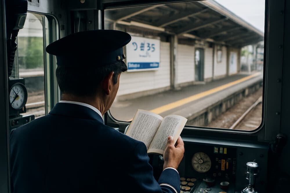 列車の運転席で本を持つ運転士の後ろ姿（顔は見えない）、窓の外にホームが見える構図を生成AIで作成したリアルなイメージ