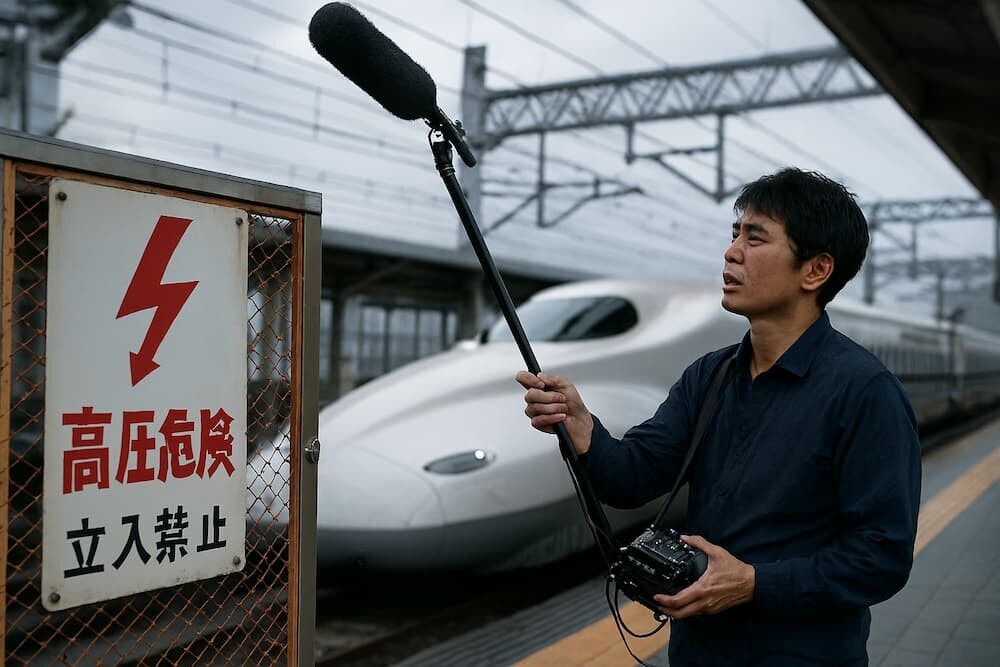 新幹線ホームで録音機材を使う鉄道ファンのイメージを生成AIで作成したリアルなイメージ