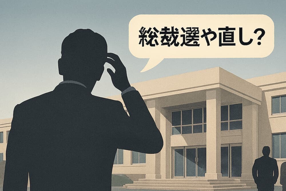 自民党本部前で困惑する表情の日本人政治家を生成AIで作成したリアルなイメージ（日本語文字使用：「総裁選やり直し？」の吹き出し付き）