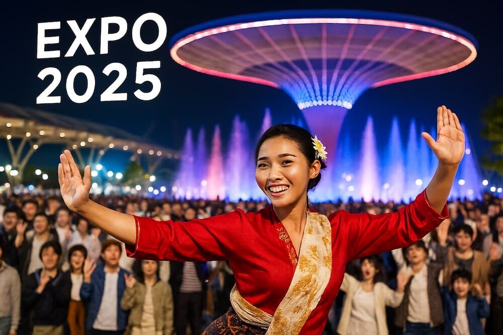 大阪・関西万博の大屋根リングと夜の噴水ショーを背景に、笑顔で踊るインドネシアパビリオンのスタッフと大勢の来場者を生成AIで作成したリアルなイメージ（日本人、日本語文字「EXPO 2025」使用）