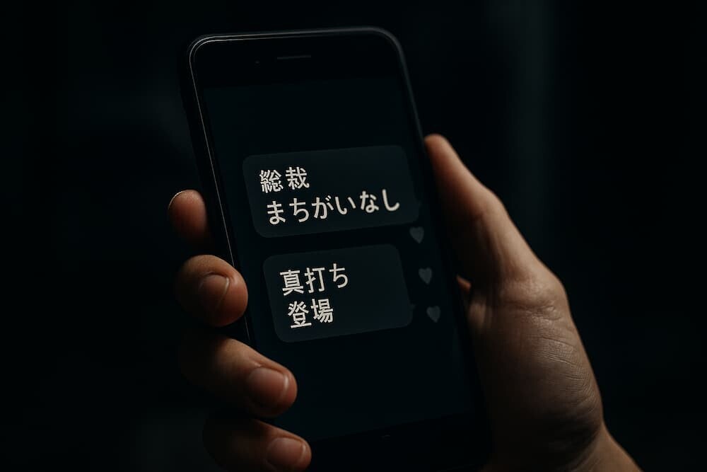 スマートフォンを持つ日本人の手と、画面に映る「総裁まちがいなし」「真打ち登場」などの日本語コメントが見える、暗めの背景でリアルに生成されたイメージ
