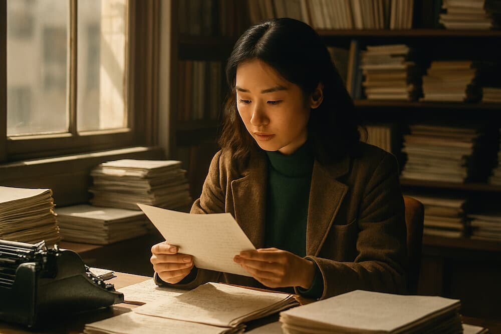 1970年代の日本の出版社編集室で、机に向かい原稿を読む日本人女性編集者のリアルなイメージ