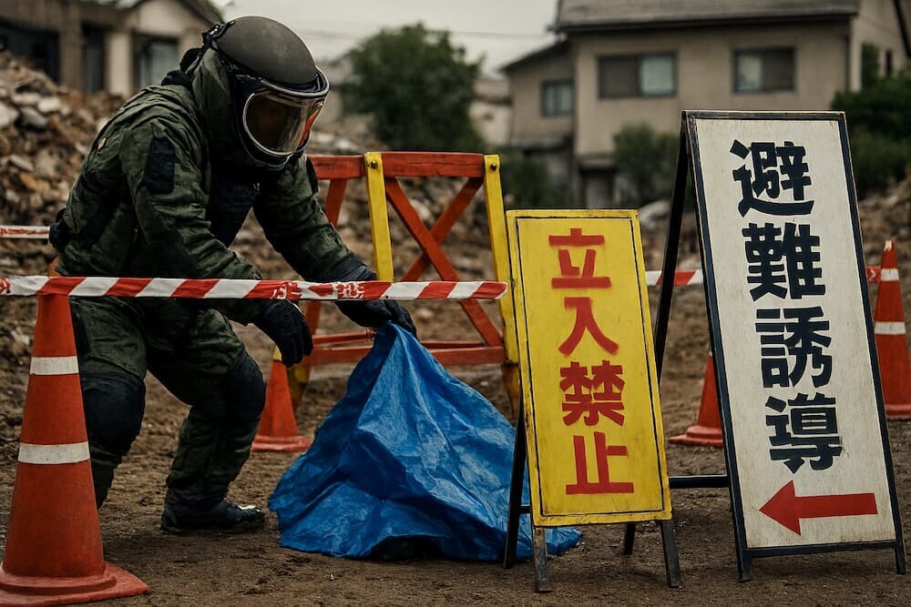 解体工事現場で発見された手りゅう弾と爆発物処理部隊の緊迫した様子を生成AIで作成したリアルなイメージ