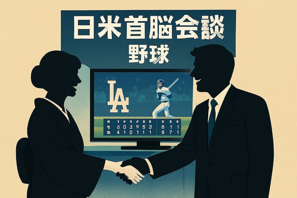 高市早苗首相とトランプ大統領が笑顔で握手し、背景にMLB野球の試合映像が映るテレビモニターがある迎賓館の会談室を生成AIで作成したリアルなイメージ