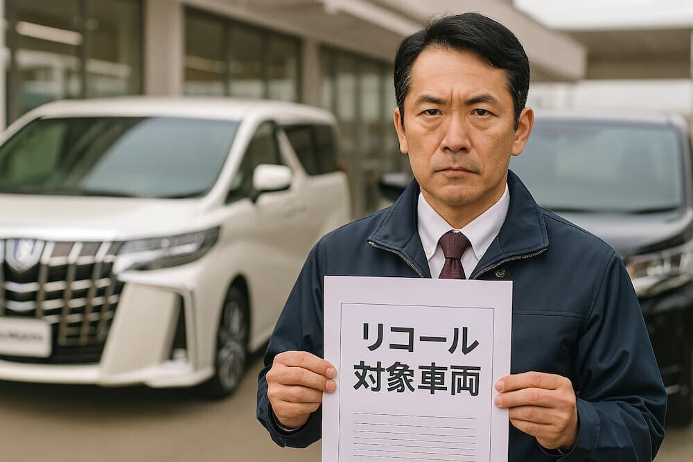 トヨタアルファードとノアが並んでいる日本のディーラー展示場で、リコール通知書を持つ日本人スタッフが真剣な表情で対応している様子を生成AIで作成したリアルなイメージ