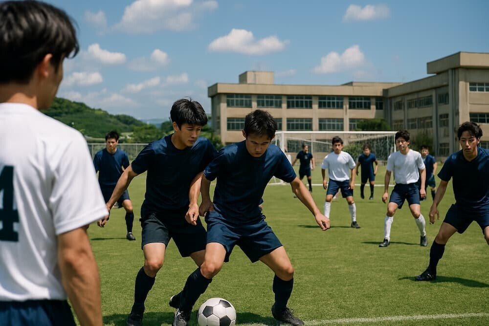 高校のサッカーグラウンドで複数の生徒が練習する様子を生成AIで作成したリアルなイメージ