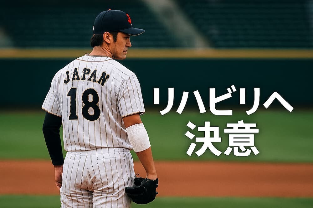 野球のマウンドに立つ日本人投手の後ろ姿、肘に包帯を巻いた様子、リハビリへの決意を感じさせる表情、を生成AIで作成したリアルなイメージ
