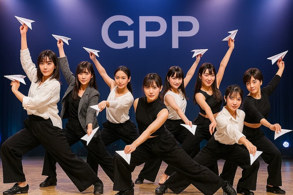 8人の日本人女性が紙飛行機を持ってスタイリッシュなダンスポーズを決めている様子を生成AIで作成したリアルなイメージ（日本人、ステージ照明、「GPP」の文字を日本語で表示）