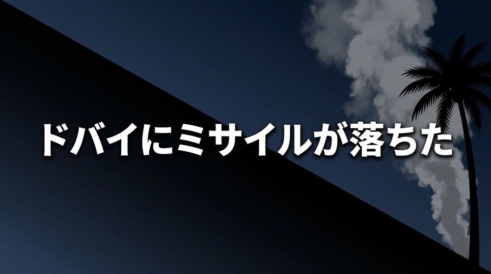 ドバイ・パームジュメイラの火災とイラン報復ミサイルの関係を示すアイキャッチ。濃紺から黒へのグラデーション背景にヤシの木のシルエットと黒煙