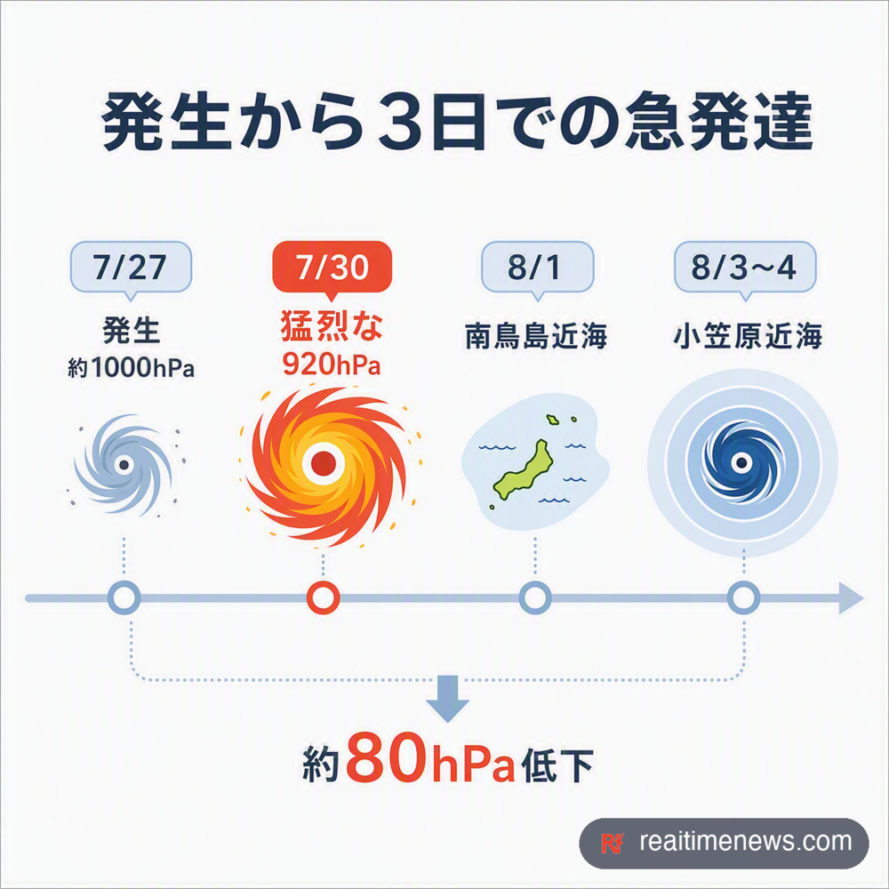 発生からわずか3日ほどで気圧が約80hPa下がる急発達だった。