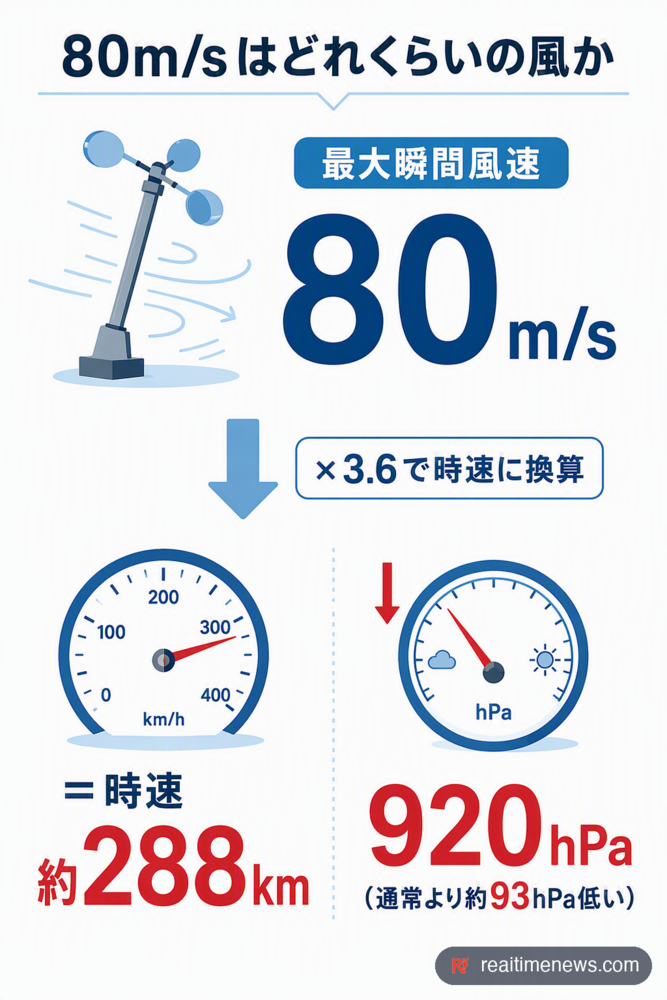 80m/sは単純計算で時速約288km、屋外にいられない規模の風だ。