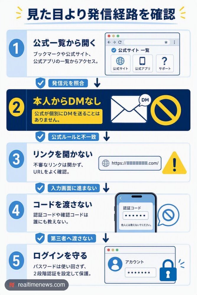 公式の入口と直接DMの有無を重ねると、確認の軸が増える(出典: Mrs. GREEN APPLE OFFICIAL SITE、独立行政法人情報処理推進機構)