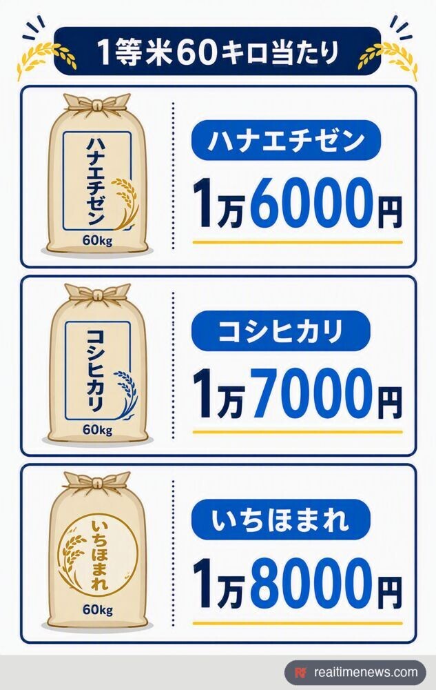 JA福井県の2026年産内金は、60キロ当たりハナエチゼン1万6000円、コシヒカリ1万7000円、いちほまれ1万8000円となった。出典:福井テレビ、福井新聞