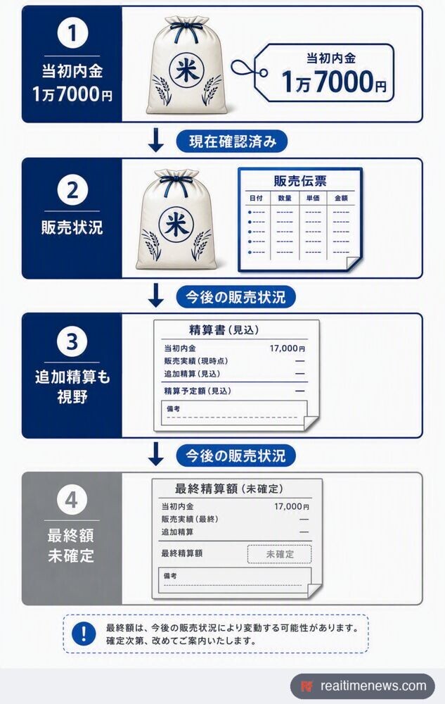 2026年産の1万7000円は現在の内金で、JA側は追加精算を視野に入れているが、実施と最終額はまだ確定していない。出典:福井テレビ、福井新聞。