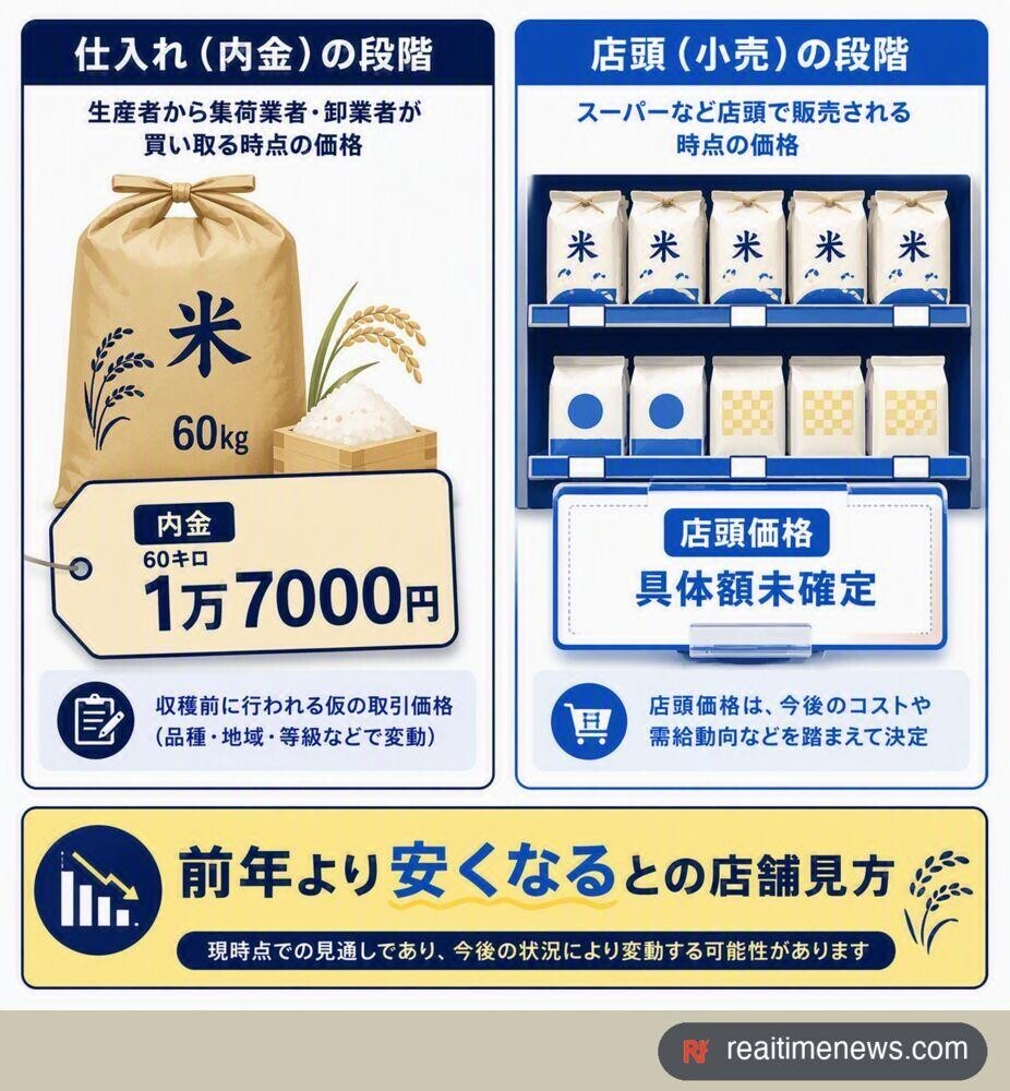 店舗側は前年より安くなるとの見方を示す一方、新米の具体的な店頭価格はまだ確定していない。出典:福井テレビ。