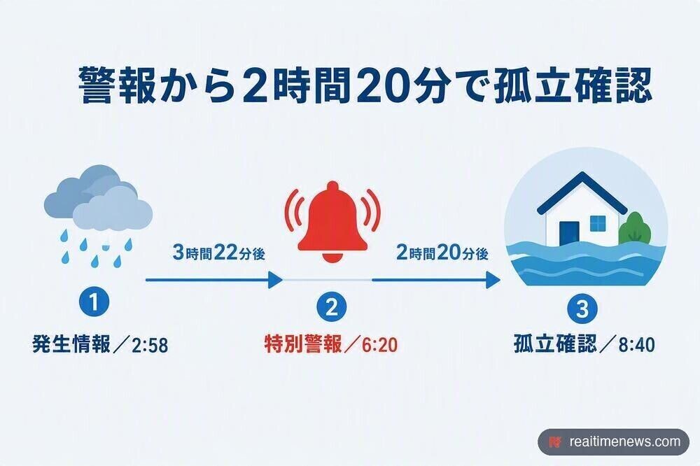 気象庁が線状降水帯発生情報を出してから特別警報発表まで3時間22分、そこから羽咋市立開町で孤立が確認されるまでさらに2時間20分だった。気象庁の直前予測は実績的中率約31%、平均リードタイム63分にとどまる(出典:気象庁、読売新聞、FNN)。