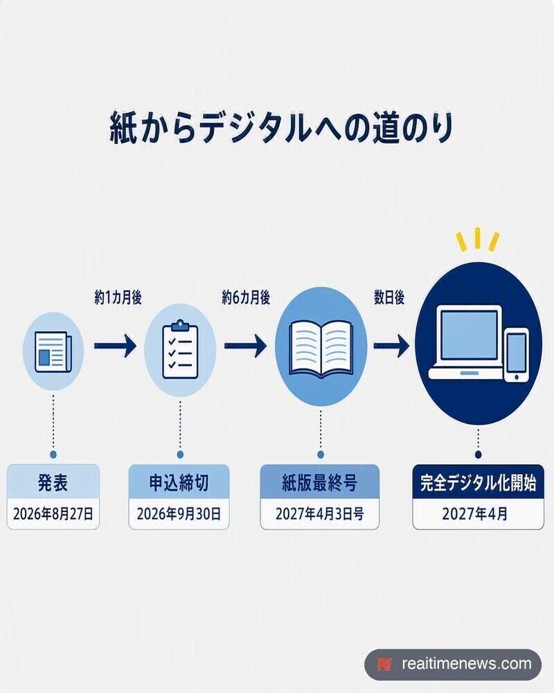 週刊ダイヤモンドが紙の発行を終えるまでの4つの節目を時系列で示した図。2026年8月27日の発表から申込締切、紙版最終号、完全デジタル化開始までの流れを示す(出典:ダイヤモンド社公式発表)。