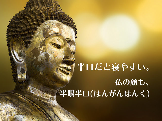 半目だと寝やすい。仏の顔も、半眼半口(はんがんはんく)。