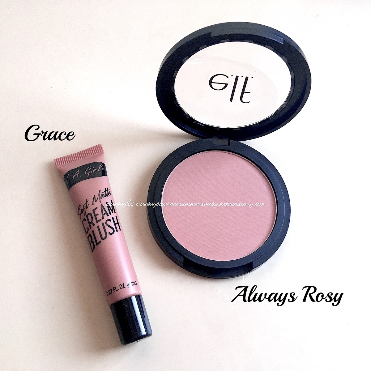 e.l.f. Primer Infused Blush Always Rosy、L.A. Girl Soft Matte Cream