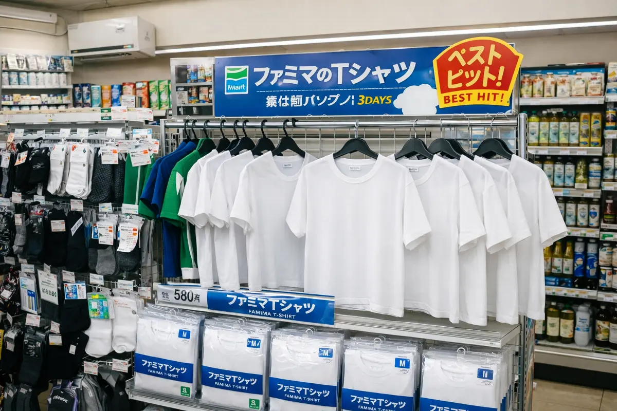 ファミマTシャツ売り場（ファミリーマート衣料品コーナーのTシャツ販売棚）