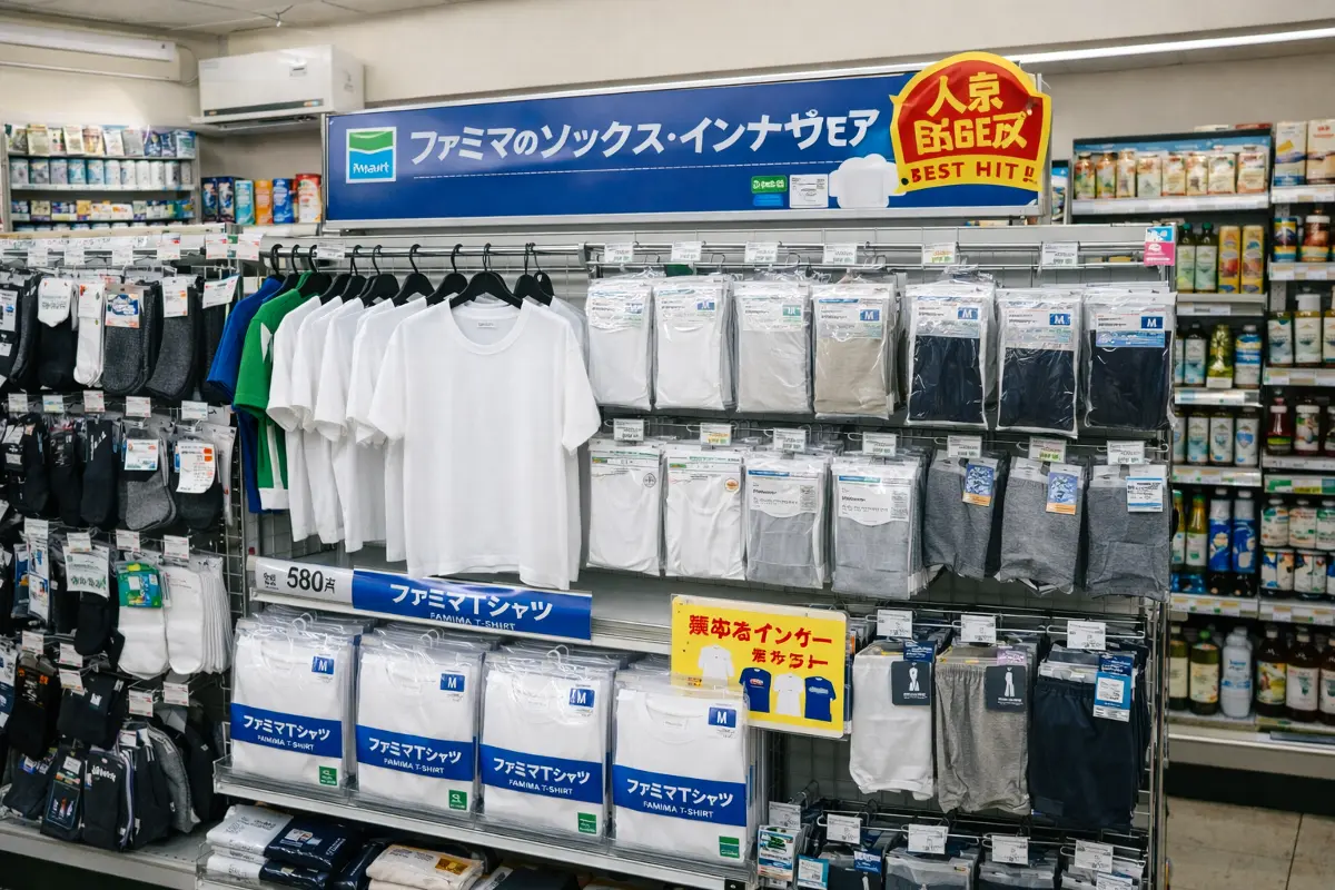 ファミリーマート衣料コーナー（Tシャツや靴下などコンビニ衣料品売り場）
