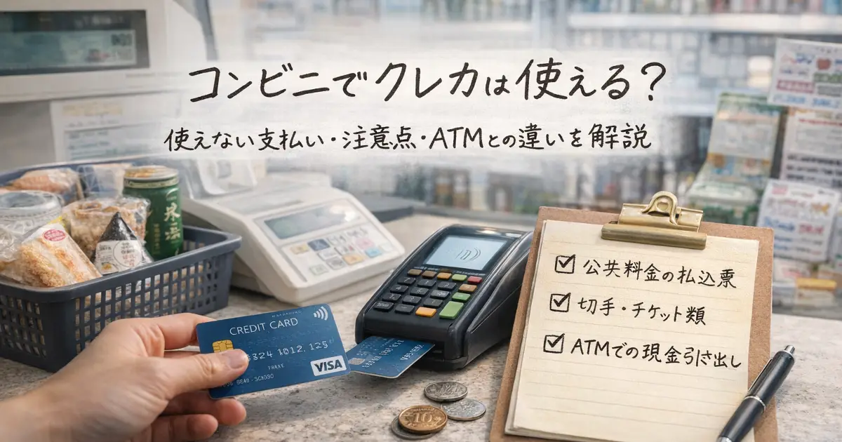 コンビニのレジでクレジットカード決済をする様子と、使えない支払いやATMとの違いを示したメモが入ったアイキャッチ画像