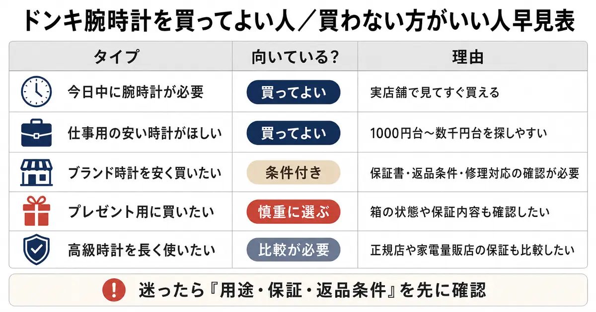 ドンキ腕時計を買ってよい人と慎重に選ぶべき人を、用途・保証・返品条件で比較した早見表画像