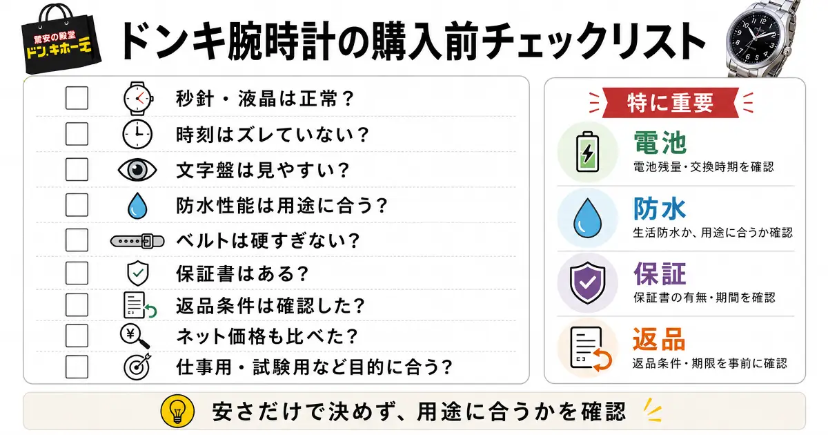 ドンキ腕時計を購入する前に確認したい電池、防水、保証、返品条件、ネット価格などのチェックリスト画像