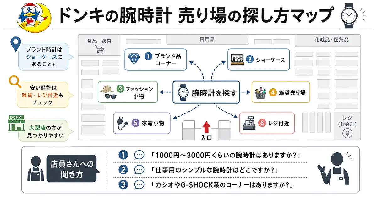 ドンキの腕時計売り場をブランド品コーナー、ショーケース、雑貨売り場、家電小物、レジ付近で探す方法を示したマップ画像