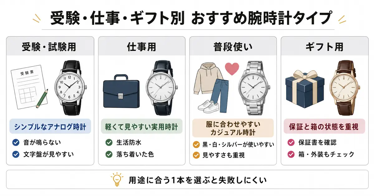 受験用、仕事用、普段使い、ギフト用に適した腕時計タイプと選び方を比較した画像