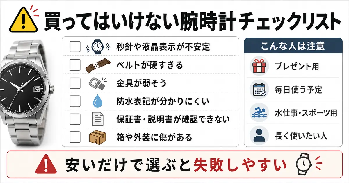 秒針や液晶表示が不安定、ベルトが硬い、防水表記が分かりにくいなど、買ってはいけない腕時計の特徴をまとめたチェックリスト画像