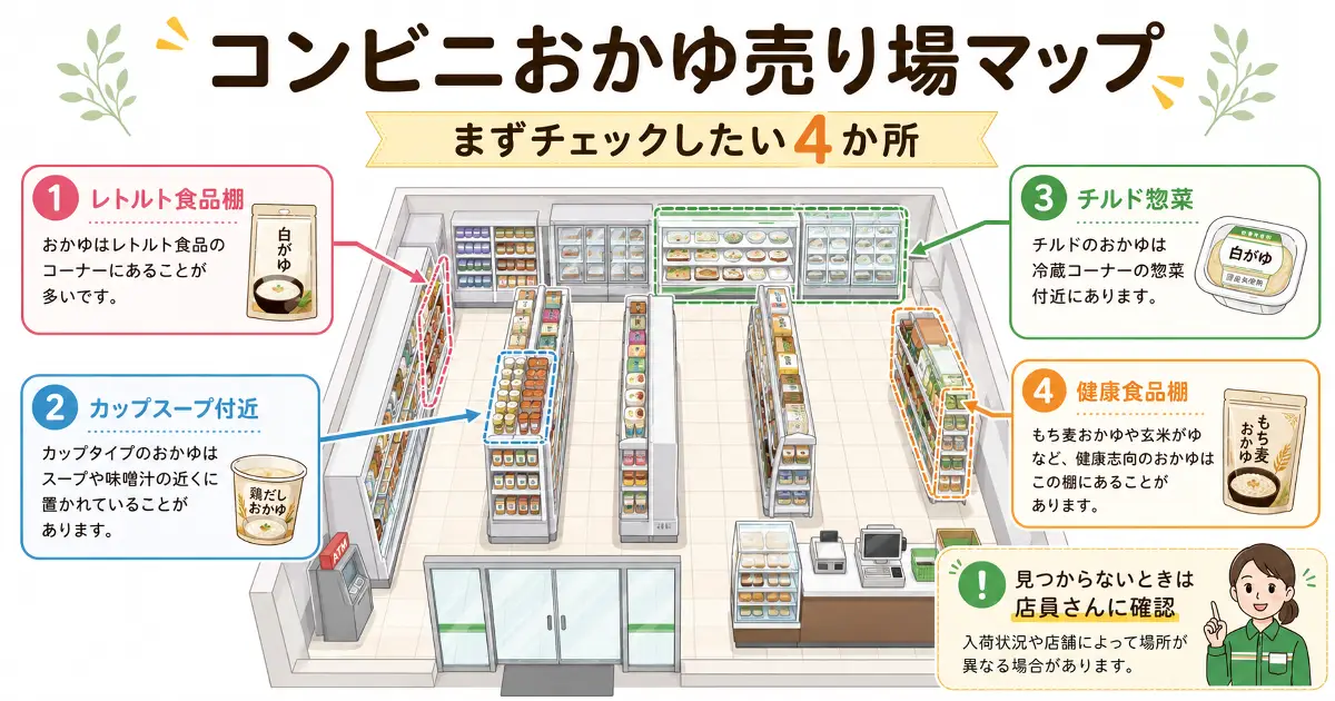 コンビニでおかゆを探す場所としてレトルト食品棚、カップスープ付近、チルド惣菜、健康食品棚を示した売り場マップ画像