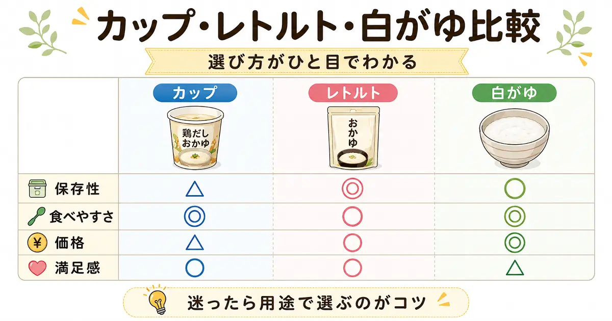 カップおかゆ、レトルトおかゆ、白がゆを保存性、食べやすさ、価格、満足感で比較した画像
