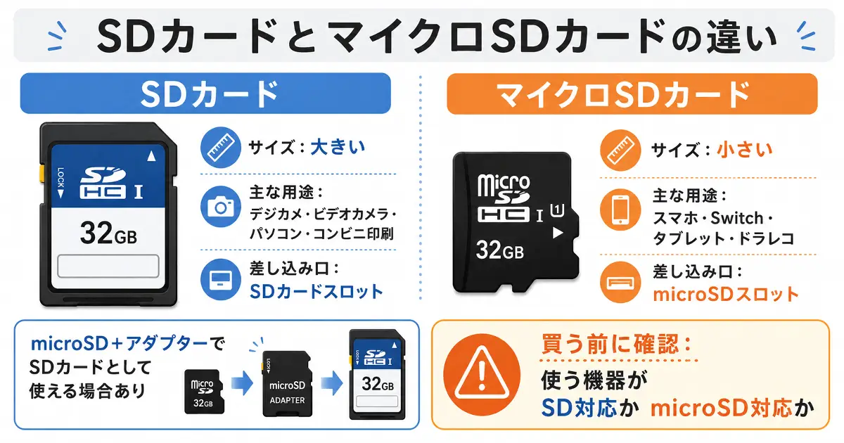 SDカードとマイクロSDカードの違いを比較した図解。サイズ、主な用途、差し込み口、アダプター利用の有無をわかりやすく説明した画像