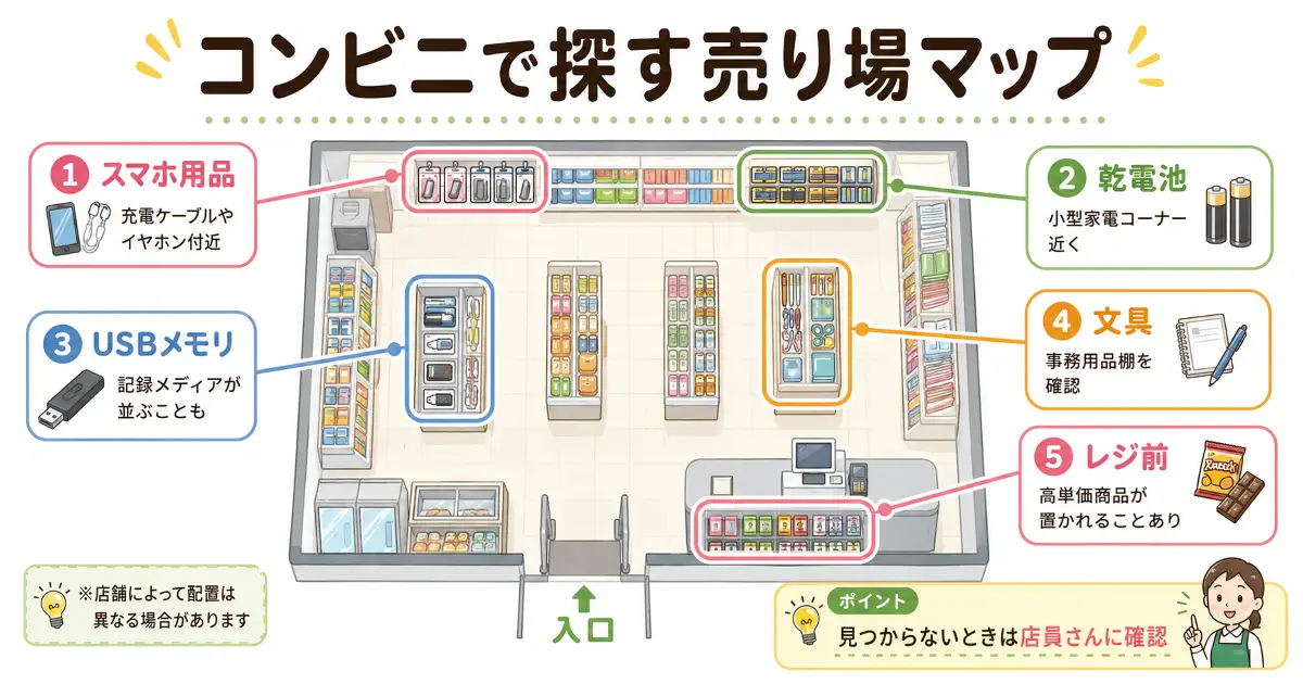 コンビニ店内でSDカードやマイクロSDカードを探す売り場マップ。スマホ用品、乾電池、USBメモリ、文具、レジ前の位置を図解した画像