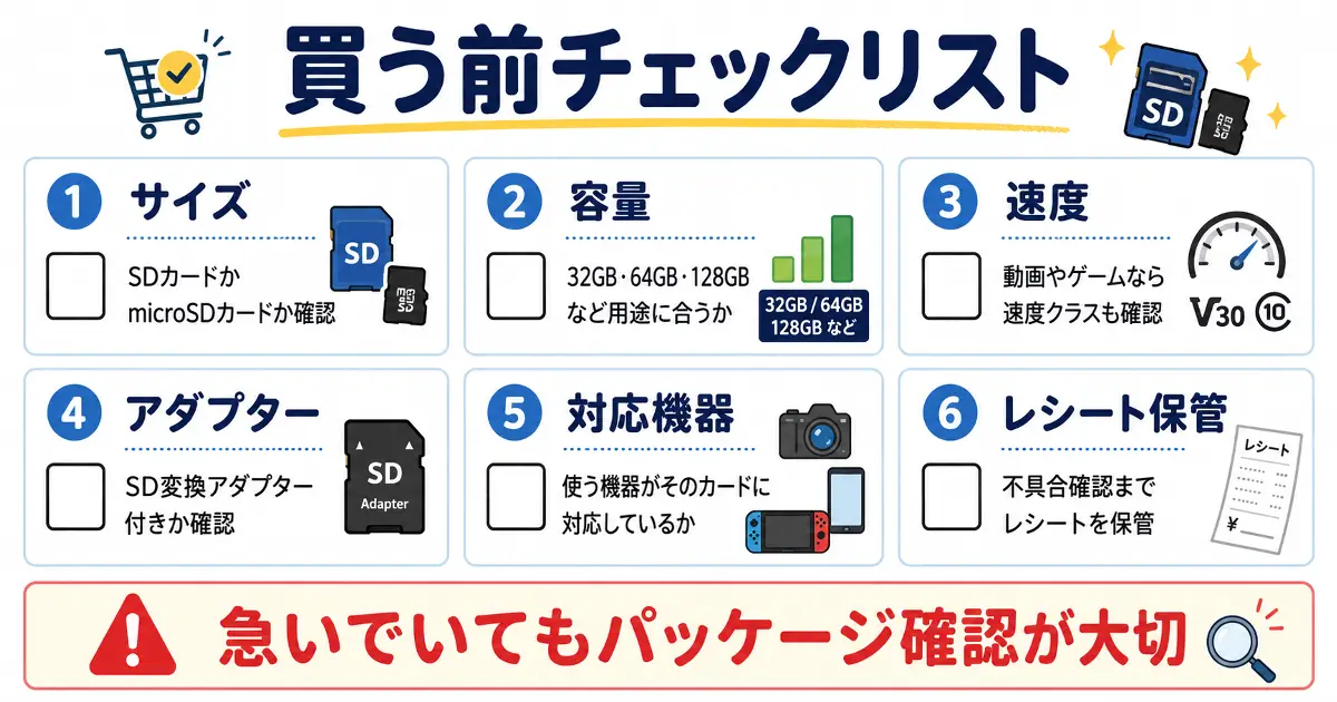 SDカードやマイクロSDカードを買う前のチェックリスト画像。サイズ、容量、速度、アダプター、対応機器、レシート保管の確認項目をまとめた図解